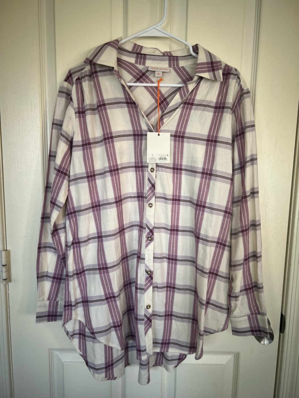 Knox Rose Plaid Button Down Shirt Women’s Large Boho Lightweight Cotton Blend